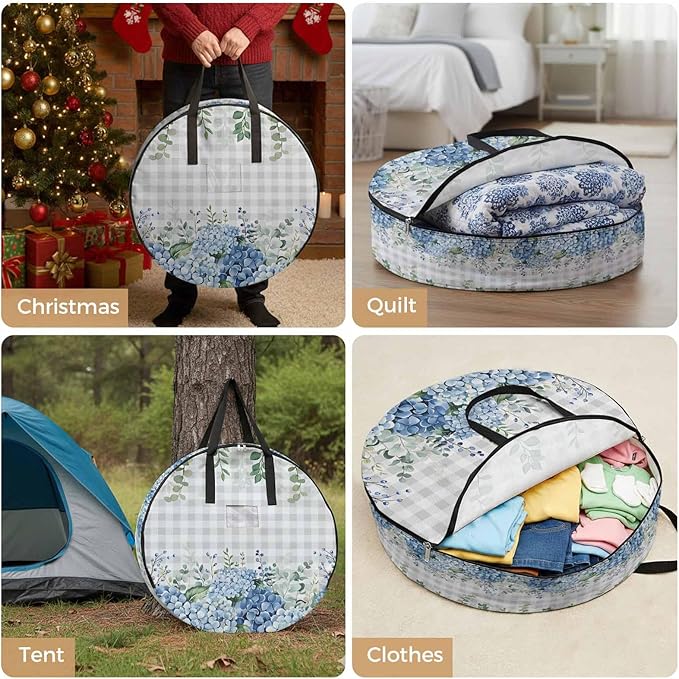 Storage Bag Blue Hydrangea Round Storage Totes Bins Closet Organizers with Zippers & Handle Green Eucalyptus Leaves Grey Plaid Clothes Storage Container for Bedroom Dorm Space Saving Packing Supplies