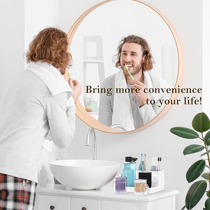 Toothbrush Holder for Bathroom with 2PCS Qtip Holder Dispenser, 3 Slot Bathroom Accessories Holder Floss Cotton Swab Holder Bathroom Vanity Tray for Perfume Comestic Organizer Counter Storage, White