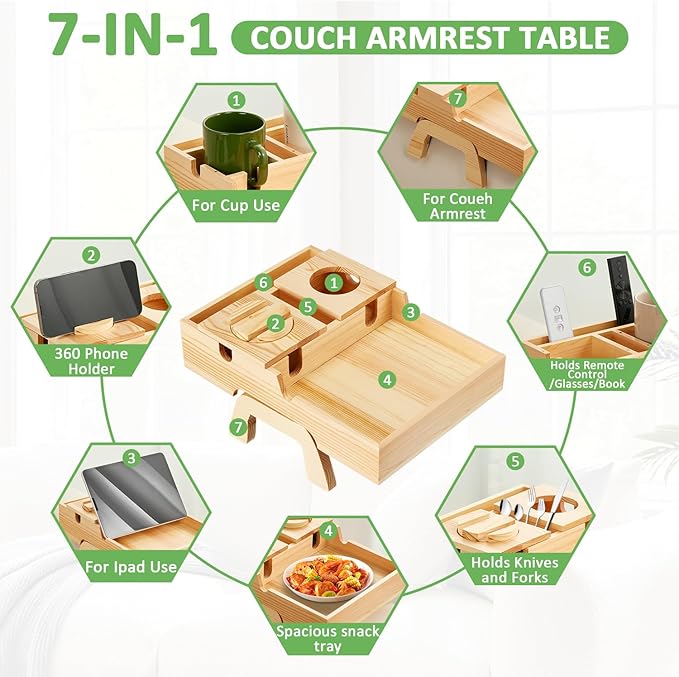 Couch Armrest Table, Sofa Arm Tray with Cup Holder w/360° Rotated Phone Holder, Pine Wood Sofa Arm Clip-On Side Table for Drink Snack Remote Holder