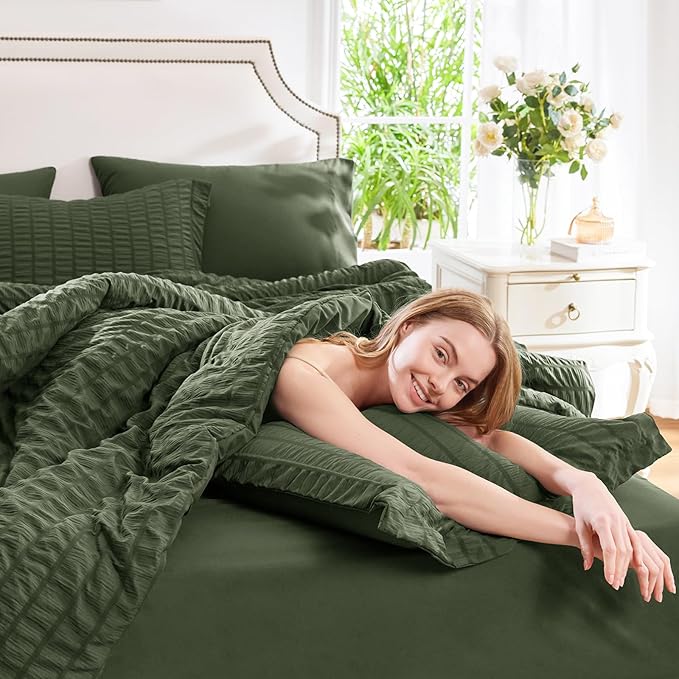 CozyLux Queen Comforter Set Olive Green Seersucker 7 Pieces Bed in a Bag Queen Comforter Set with Sheets, Luxury Bedding Sets with Down Alternative Comforter, Sheets, Pillowcases & Shams All Season