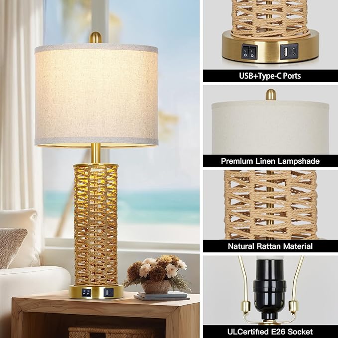 CINSARY 27" Natural Rattan Table Lamps Set of 2, Boho Bedside Lamp for Bedroom with Night Light, Woven Wicker Nightstand Lamps with 2 USB Ports & AC Outlet, Tall Farmhouse Living Room Lamp, Gold