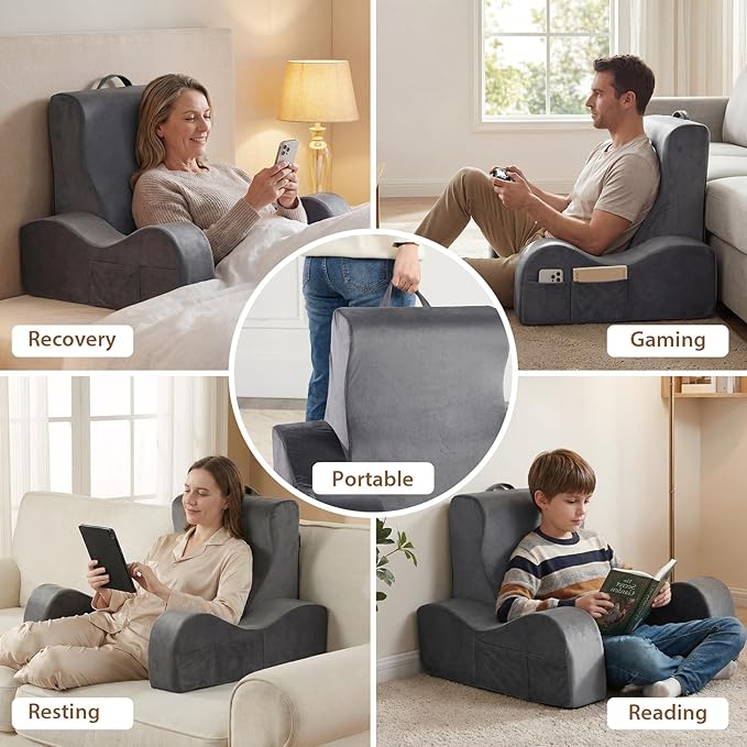 Quilmfoam Reading Pillow for Sitting in Bed Adult, Back Pillow for Sitting Up with Arms, Bed Pillow Back Support for Reading, TV, Gaming & Working, Removable Cover, Lightweight 19", Grey