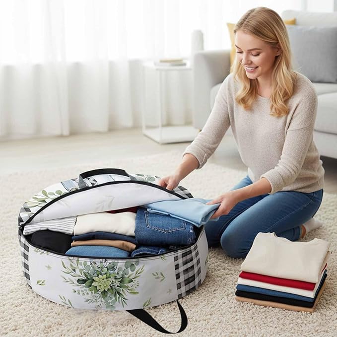 Storage Bag Eucalyptus Leaves Vase Round Storage Totes Bins Closet Organizers with Zippers & Handle Green Leaf Floral Black Plaid Clothes Storage Container for Bedroom Space Saving Packing Supplies