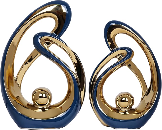 2 PCS Navy Blue Decor Accent Ceramic Statue Blue Gold Mid Century Modern Home Decor Accents Sculpture Decorations Centerpieces for Living Room Bookshelf Shelf Coffee Table Kitchen Office Dining Table