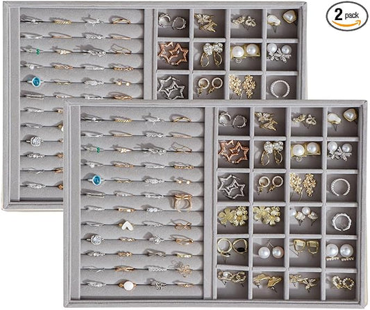 Large Velvet Jewelry Tray 2 Pack Stackable Jewelry Display Drawer Inserts Trays Organizer for Earring Bracelet Necklace Ring (Gray, Ring and 24 Grids)