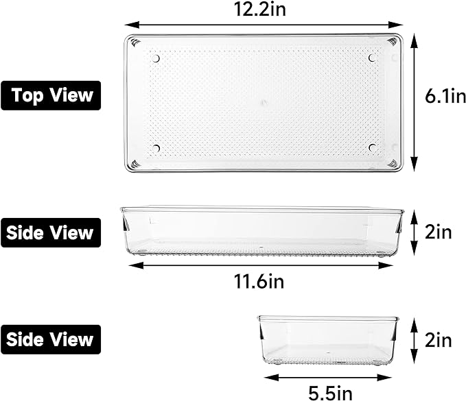 3 Pack Large Clear Plastic Drawer Organizer Tray Cutlery Utensil Makeups Drawer Organizers 12" X 6"