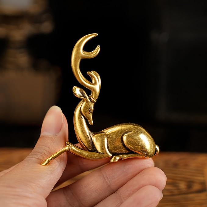 CHOVY Retro Handcrafted Nostalgic Deer Statue - 100% Solid Brass Body & Genuine White Copper Horns | Elegant Tabletop Decor, Vintage Desk Ornament, Unique Gift for Nature Lovers