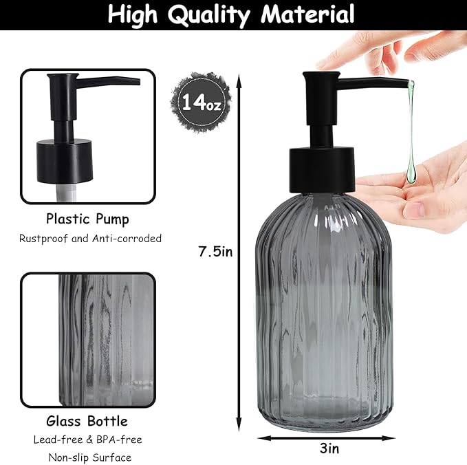 YYTSGG Grey Glass Soap Dispenser with Black Plastic Pump, 13.5oz Refillable Liquid Hand Soap Dispenser, Lotion Dish Soap Dispenser for Modern Home Decor, Bathroom, Kitchen Countertop, Hotel