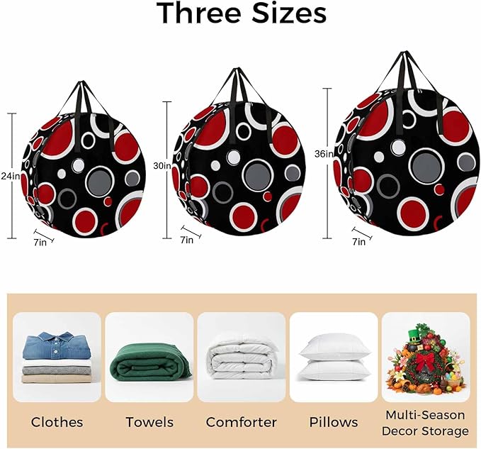 24 Inch Round Storage Bag 1 Pack,Abstract Red Black Circle Waterproof Wreath Storage Container with Handles&Zipper Color Block on Black Closet Organizer Bags Garland Box