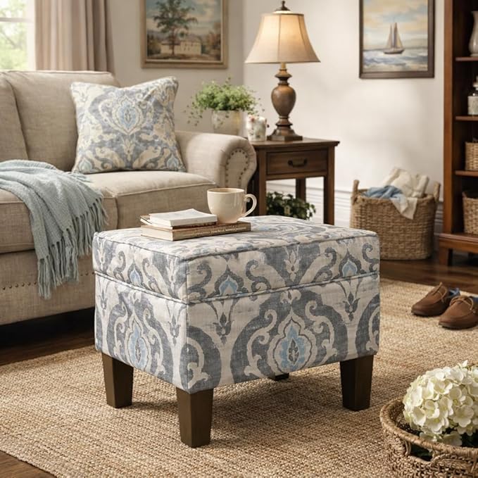 Homepop Home Decor |K7646-A750 | Upholstered Modern Rectangular Storage Ottoman | Hinged Lid Ottoman with Storage for Living Room & Bedroom, Suri Blue