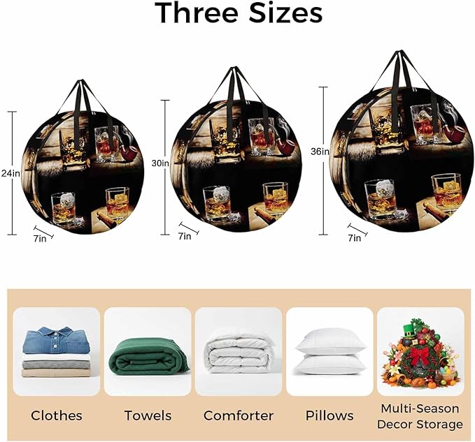 Storage Bag Whisky Glass Round Storage Totes Bins Closet Organizers with Zippers & Handle Wine Old Fashioned Wood Grain Clothes Storage Container for Bedroom Dorm Space Saving Packing Supplies Bags