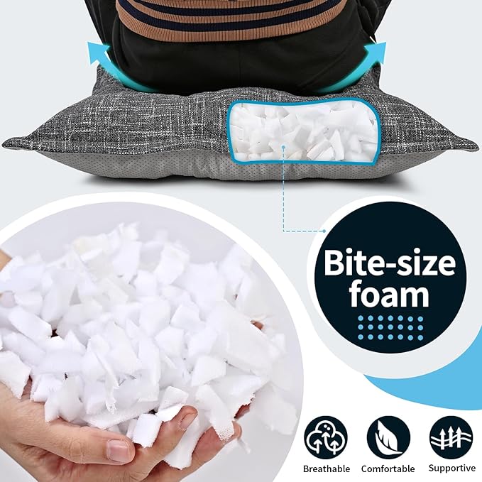 SINSOSSO Large Floor Pillow 22", Thickened Bite-Size Memory Foam Square Non-Slip Cushion for Office Back Support/Indoor Yoga/Chair Seat, Fashionable Color-Blocked Fabric & Washable, Light Gray, 1 PCS