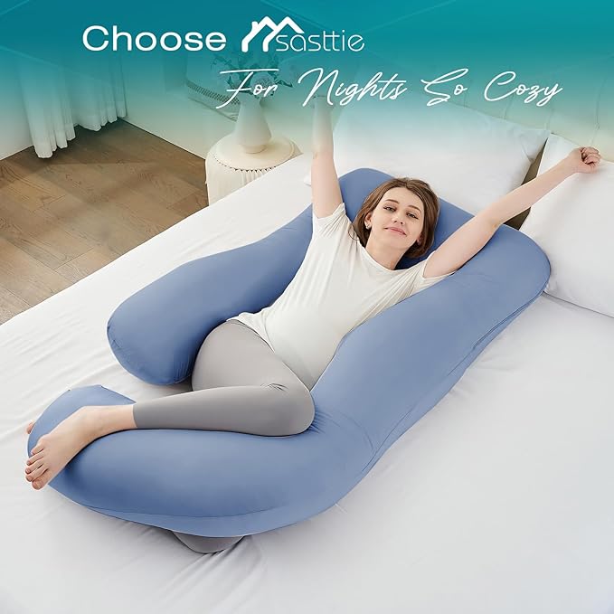Sasttie Pregnancy Pillows for Sleeping, U Shaped Cooling Full Body Pillow with Removable Cover, Pregnant Women Must Haves, Maternity Essential, Blue