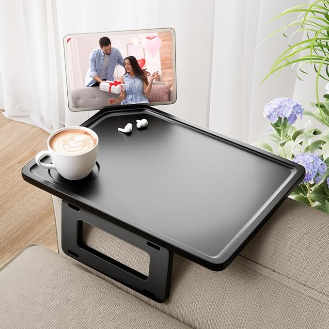 Smatdecis Couch Arm Tray Table Sofa Arm Clip Table, Armrest Tray Table Suitable for Home Drinks/Fast Food/Fruit Etc, Large Size Multi-Function Black