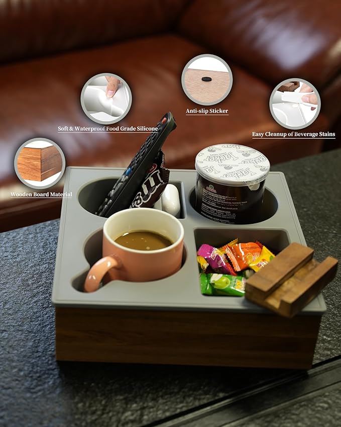 Couch Cup Holder Tray, Soft Food Grade Silicone Acacia Wooden Couch Caddy for Bed Car Seat Beach Organizer, Waterproof Anti-Spill Couch Drink Holder for Snacks Beverage Remote (Black)