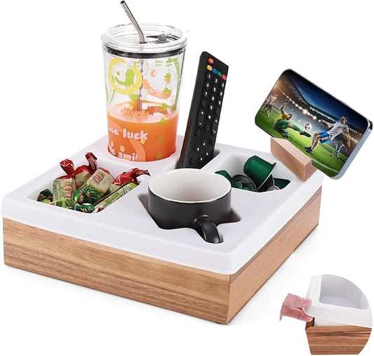 Couch Cup Holder Tray, Silicone Acacia Wooden Couch Caddy with Cup Holder for Snacks, Drinks, Remotes, Waterproof Cup Holder for Couch, Organizer, Couch Drink Holder, Pillow, Easter Gifts