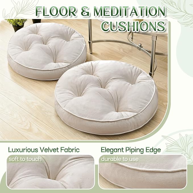 1 MIDDLE ONE Floor Pillow Set of 2, Memory Foam Meditation Cushion, Floor Cushions for Adults Sitting, Large Round Seat Cushions for Yoga, Living Room, 20x20 Inch (Round | Off-White)