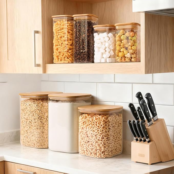 Glass Flour Sugar Storage Containers with Bamboo Lids & Measuring Scoop (1.6Qt/4.6Qt) - Wide Mouth Pantry Storage Containers for Kitchen Counter, Pantry Organization & Baking Essentials 2 pack