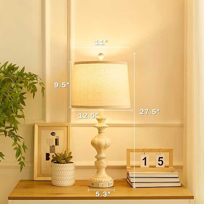 SAIWEYA 27.5" Farmhouse Table Lamps Set of 2 Bedside Nightstand Lamp with USB C+A Ports & AC Outlet, 3 Way Dimmable Touch Lamps for Bedroom Living Room Office Hallway Rustic Traditional Lamp