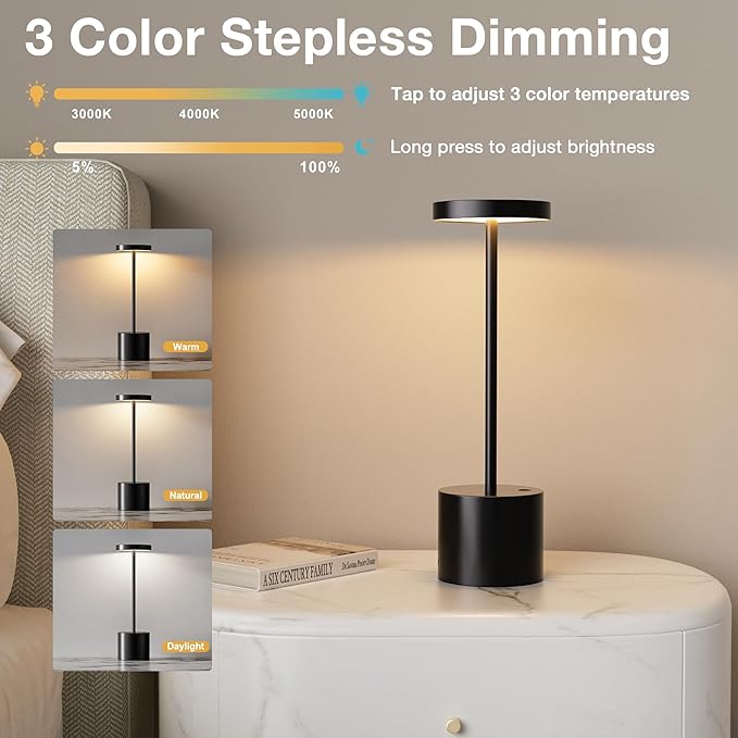 Black Cordless Table Lamp, 4000mAh Rechargeable Battery Powered Lamps, 3 Color Stepless Dimming, LED Wireless Outdoor Lamps for Dining Room, Bedroom, Bar, Cafe, Restaurant, Patio, Camping, Set of 2