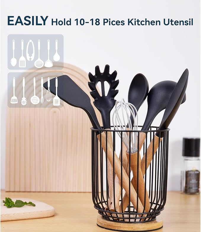 WDT Tool Utensil holder for Kitchen Counter，Large Utensils Holder For Farmhouse Cooking, Utensil Caddy Spatula Holder (Metal+Bamboo-1)