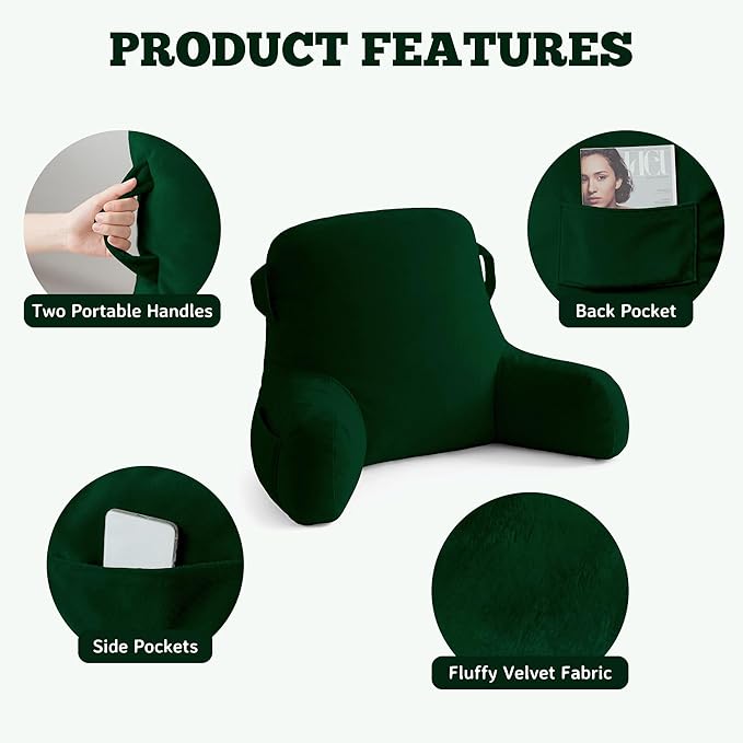 Unisakey Portable Comfy Reading Pillows for Bed Sitting Up(Dark Green Oeko-Tex), Velvet Back Pillow with Arms & Pockets for Adults, Support Memory Foam Bed Pillow for Dorm/Reading/Watching/Gaming
