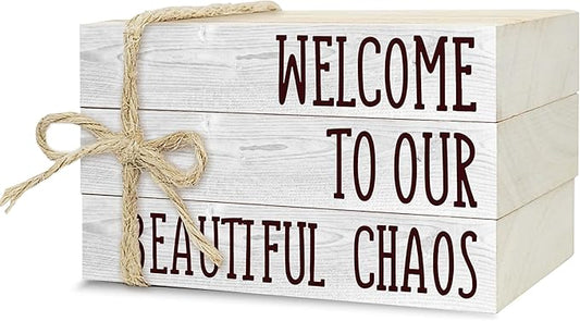 Decorative Books For Home Decor, Rustic Wood Book Stack For Table Decor, Welcome To Our Beautiful Chaos Decor Books For Living Room Bookshelf, Farmhouse Stacked Books Decor (L20)