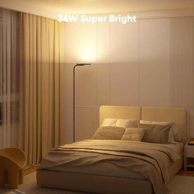 SIBRILLE 36W LED Floor Lamp, Super Bright Standing Lamp, Modern Stepless Dimmable Torchiere Tall Lamp with Remote Control, 350°Rotating Head Reading Floor Lamp for Living Room, Bedroom, Office