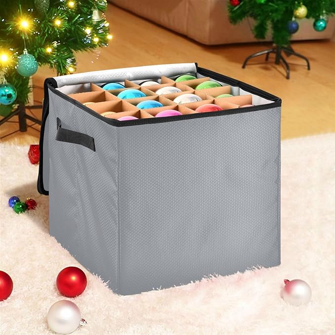 Light Gray Christmas Ornament Storage Basket Box Holiday Storage Container Cube with Adjustable Dividers for 64 Holiday Ornaments or Decorations Keeps Clean and Dry for Next Season