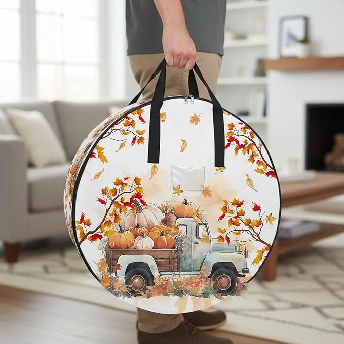 Thanksgiving Pumpkin Round Storage Bag 24 Inch, Truck Fall Maple Leaves Clothes Storage Container with Handles Heavy Duty Organizer for Comforter, Bedding & Holiday Wreaths