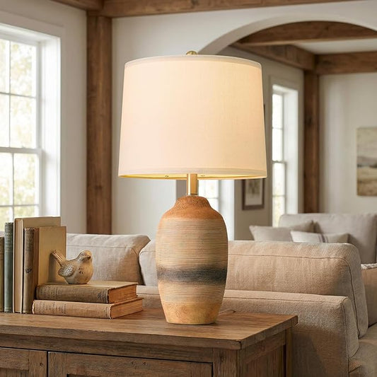 24.5" Handcrafted Ceramic Table Lamp with 5FT Cord, Single Farmhouse Vintage Rustic Bedside Lamp for Living Room Bedroom, Linen Shade Nightstand End Table Decor (Bulb Not Included)Earthy Yellow