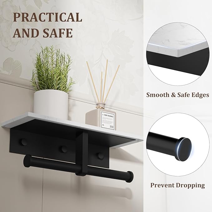 BWE Double Toilet Paper Holder with Shelf, Wall Mounted Tissue Roll Holder for Bathroom, Commercial Toilet Paper Dispenser, Marble Toilet Paper Storage Holder with Phone Shelf (Matte Black)