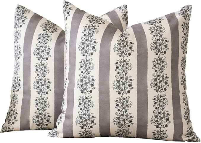 DOMVITUS Floral Throw Pillow Covers 20x20 Inch Set of 2, Block Print Decorative Pillow Covers Vintage Striped Neutral Farmhouse Boho Home Decor for Couch Sofa Bed Living Room, Grey