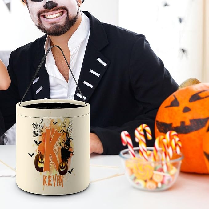 Personalized Halloween Trick or Treat Candy Bag with Name Custom Text Party Tote Bucket Halloween Candy Basket Gift (Bag-2)