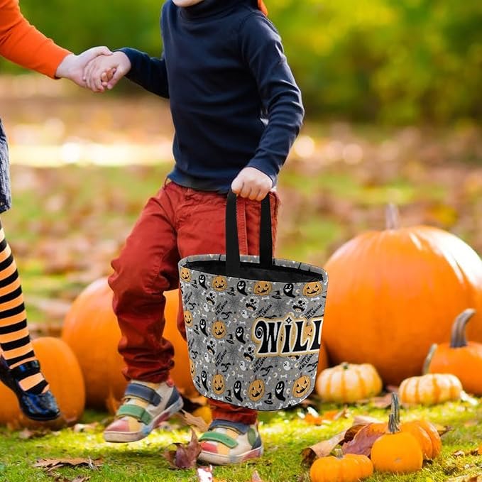 Personalized Halloween Trick or Treat Candy Bag with Name Custom Text Party Tote Bucket Halloween Candy Basket Gift (Bag-3)