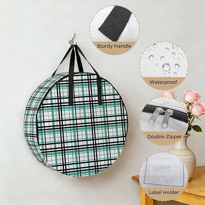 Storage Bag Green Buffalo Plaid Round Storage Totes Bins Closet Organizers with Zippers & Handle Black Check Stripe Clothes Storage Container for Bedroom Dorm Space Saving Packing Supplies Moving Bags