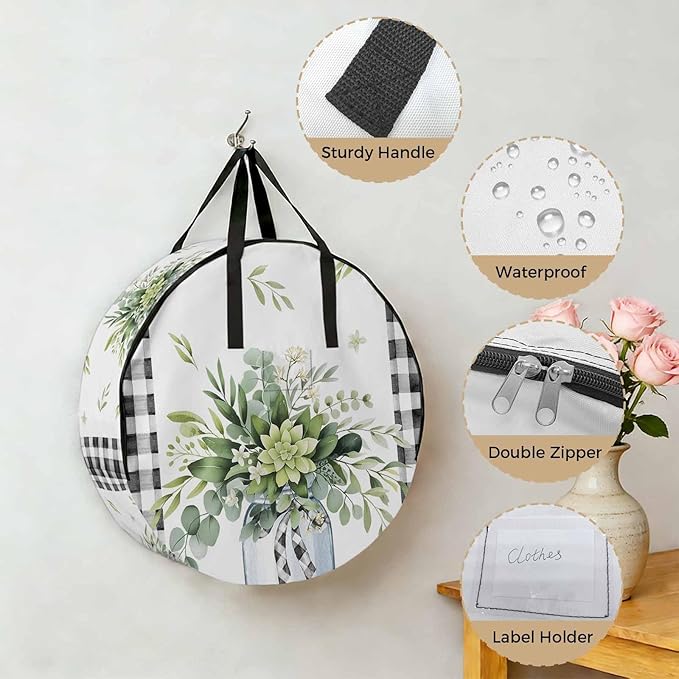 Storage Bag Eucalyptus Leaves Vase Round Storage Totes Bins Closet Organizers with Zippers & Handle Green Leaf Floral Black Plaid Clothes Storage Container for Bedroom Space Saving Packing Supplies