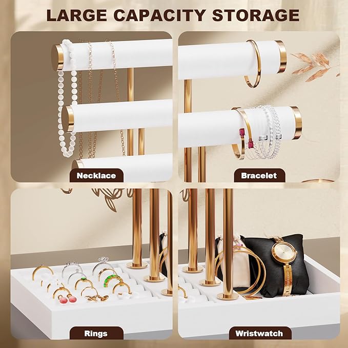 Abiglifty 3 Tier Necklace Holder Display, Jewelry Organizer, Jewelry Stand, Bracelet Display, Necklace Organizer, Bracelet holder, Jewelry Display for Necklace, Watches, Rings, white