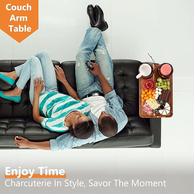 4-in-1 Acacia Couch Arm Table with Removable Cheese Board, Stability-Enhanced Sofa Armrest Tray with 360° Rotating Dual Cup Holders & Phone Stand, Side Table for Drinks & Snacks, 15.7"x9.8"
