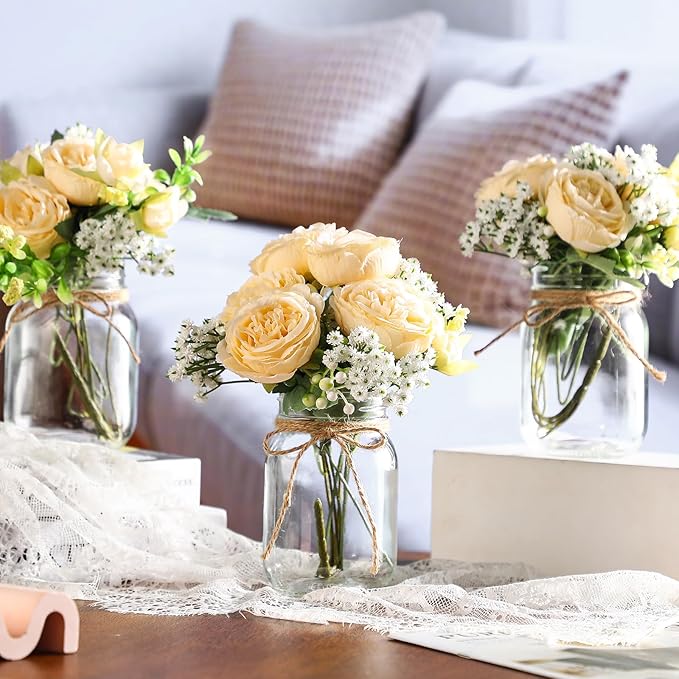 Zeyune Mason Jar Centerpiece Table Decorations, Artificial Peony Baby's Breath Flower Bouquets, Faux Flowers with Vase, Rustic Decor Gifts for Home, Wedding, Holiday(6 Sets,Champagne)