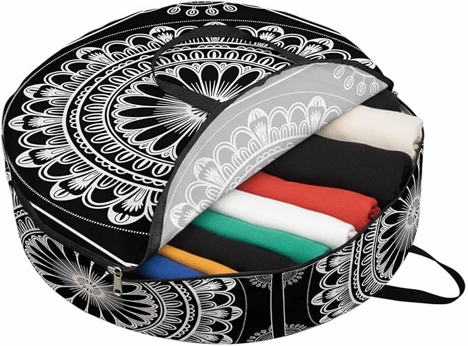 Storage Bag Black Boho Floral Pattern Round Storage Totes Bins Closet Organizers with Zippers & Handle Ethnic Bohemian Lines Clothes Storage Container for Bedroom Dorm Space Saving Packing Supplies