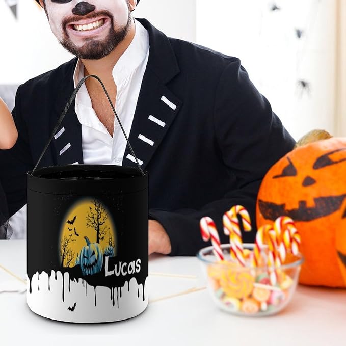 Personalized Halloween Trick or Treat Candy Bag with Name Custom Text Party Tote Bucket Halloween Candy Basket Gift (Bag-7)