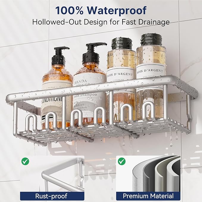 8 Pack Adhesive Rustproof Shower Shelves with Soap Dishes, Toothbrush Holder & Hooks, Large Capacity No-Drilling Shower Shelves Rack for Bathroom Organizers and Storage Accessories, Silver