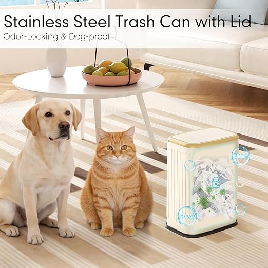 Bathroom Trash Can with Lid 8L/2.1 Gallon Beige Trash Can Small Garbage Can with Swing Top Lid Slim Stainless Steel Garbage Can with 100 Counts Trash Bags for Bathroom Bedroom Kitchen Office Toilet