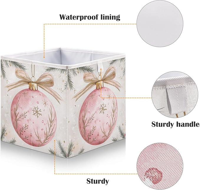 Cute Christmas Ornament Fabric Storage Bins Large Shelf Storage Basket Box Sturdy Foldable Closet Organizer Bins for Living Room Bathroom, 15.7x10.6x7 Inch