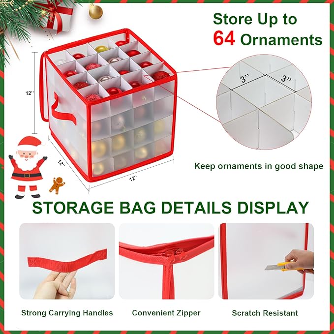 Christmas Ornament Storage Box, 64 Christmas Decoration Storage Box with Two Handles, Holiday Xmas Ornaments Box with Lid, Double-Sided Trays with Durable Zippers for Season
