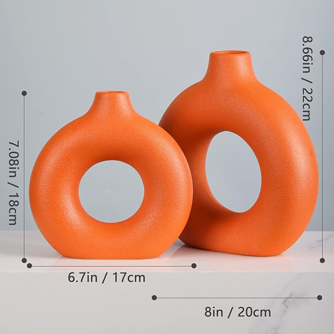 Orange Ceramics Vase for Home Decor,Minimalist Nordic Hollow Donut Vase Set of 2,Modern Boho Decor for Kitchen Table Centerpiece,Living Room,Fire Place,Bookshelf,Office,Entryway,Console