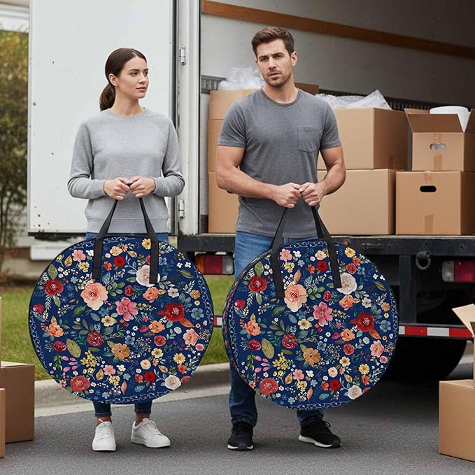 Storage Bag Navy Blue Floral Round Storage Totes Bins Closet Organizers with Zippers & Handle Farmhouse Vintage Flower Clothes Storage Container for Bedroom Dorm Space Saving Packing Supplies Bags