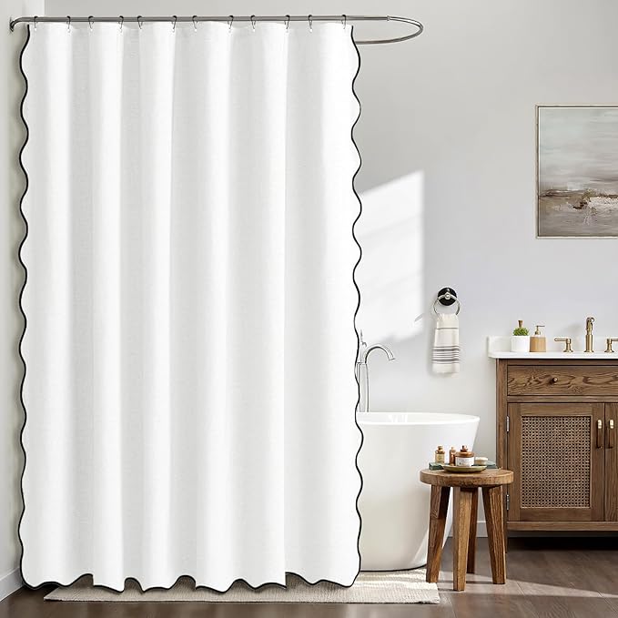 MIULEE 84" Long Scalloped Shower Curtain Linen Textured with 12 Metal Hooks Cute Extra Long Heavy Duty Washable Waterproof Cloth Shower Curtains with Black Border for Bathroom Hotel Bathtub,White