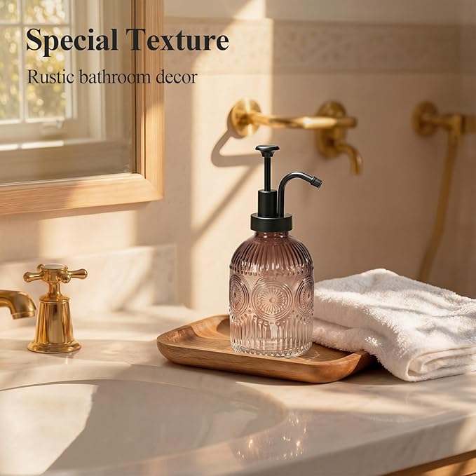 SheeChung 12Oz Vintage Glass Bathroom Soap Dispenser, Kitchen Dish Soap Dispenser with Pump, Refillable Liquid Hand Soap Bottle, Lotion, Antique Rustic Farmhouse Decor (Brown-Black Pump, 1 Pack)